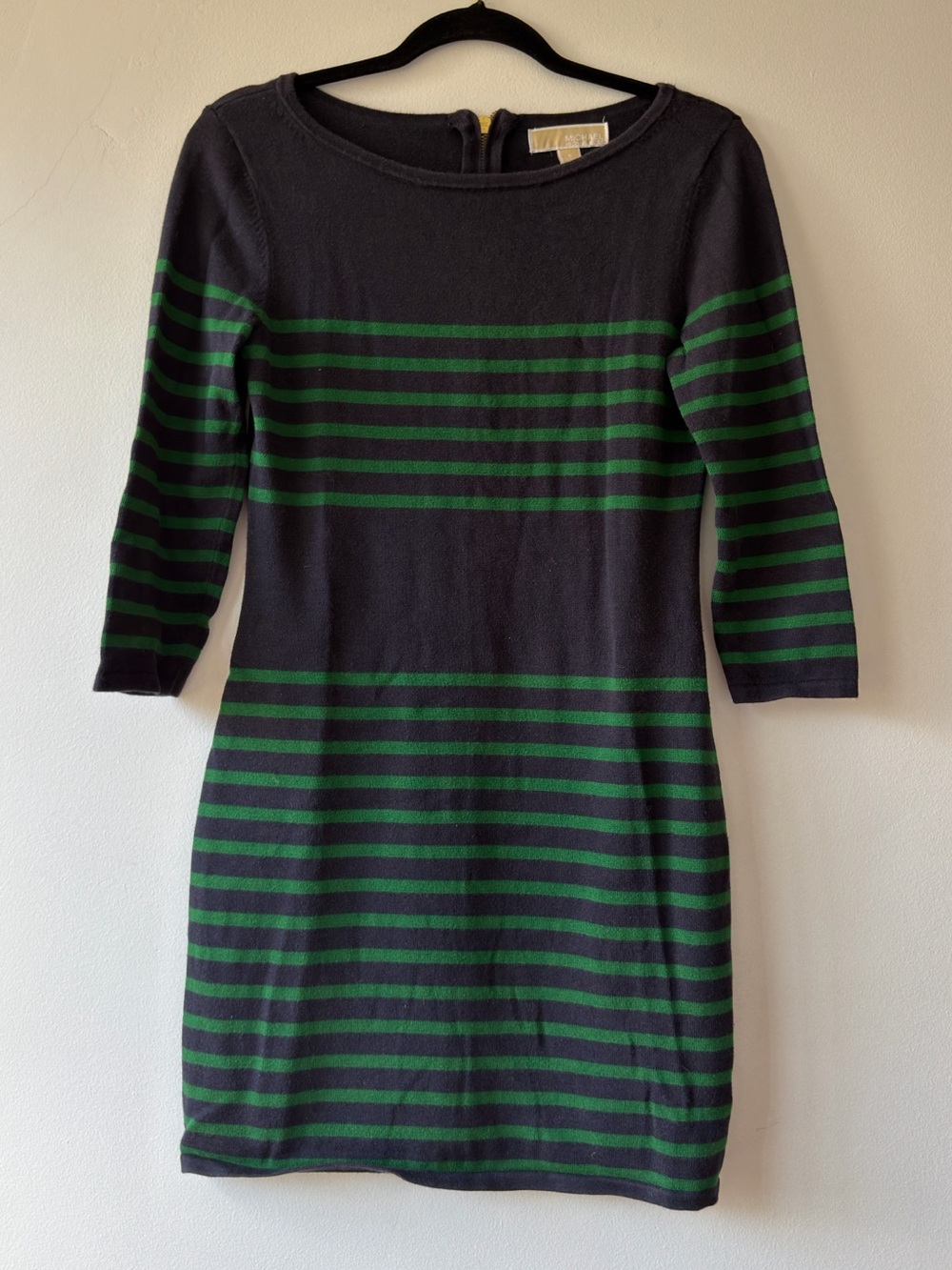 Michael Michael Kors Navy Green Striped Sweater Dress Gold Zipper Small